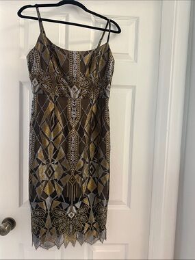 BCBGMaxAzria Black and Gold Beaded Midi Dress